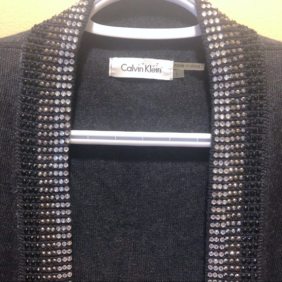 🆕HP! NEW Calvin Klein Rhinestone Studded Shrug Cardigan, Charcoal Gray, L - Picture 2 of 12